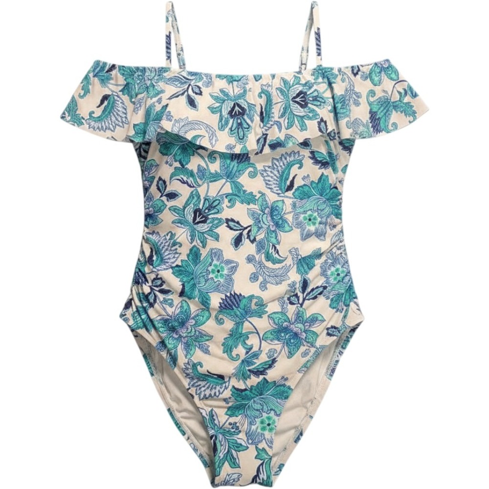 La Blanca Womens Blue Floral Paisley Ruffle Off Shoulder One Piece Swimsuit 16